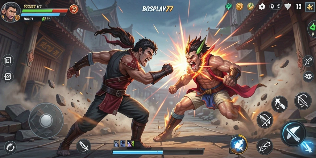 Screenshot utama BOSPLAY77 menampilkan pertarungan seru dengan aksi karakter yang dinamis.