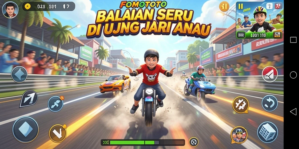 Tampilan gameplay FOMOTOTO yang menegangkan saat balapan.