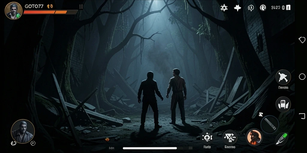 Gameplay GOTO77 yang menakutkan dengan suasana kegelapan dan makhluk menyeramkan.
