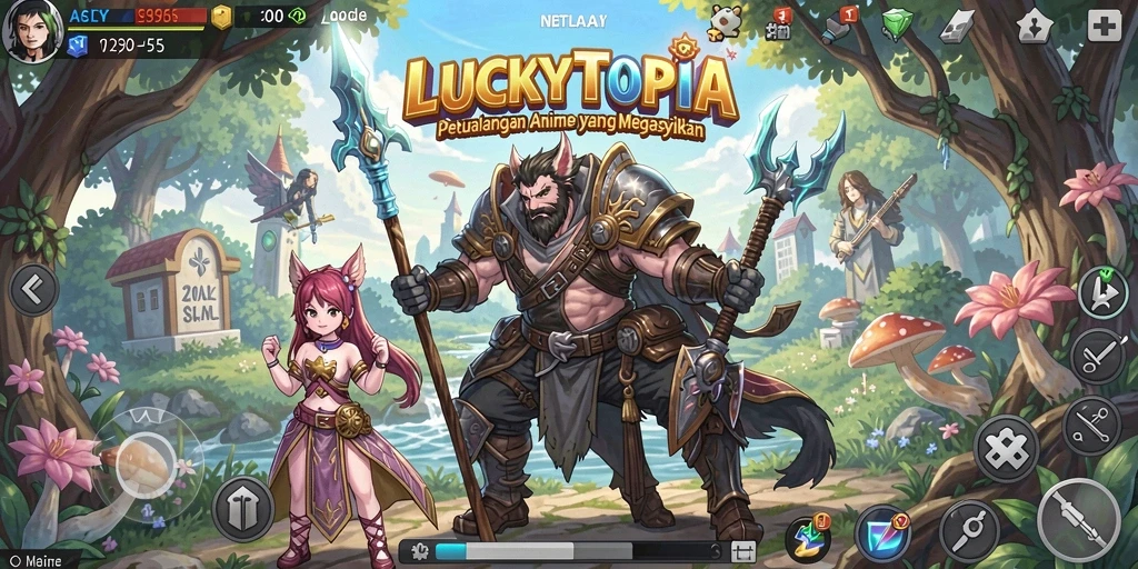 Tampilan dinamis gameplay LUCKYTOPIA menunjukkan pertarungan karakter Anime.