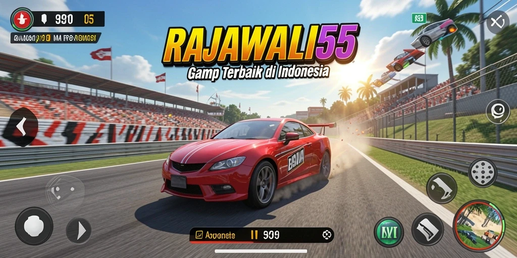 Screenshot gameplay RAJAWALI55 dengan kendaraan balap yang mendebarkan.